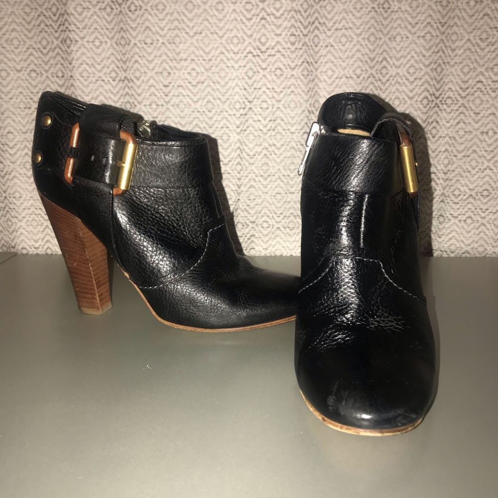 CHLOE 4.25” Black Leather Buckle Booties Wood Heel